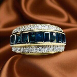 14K Gold- Natural Blue Sapphire & Diamond Ring - 2 Carat T.W. -VINTAGE- Size 7